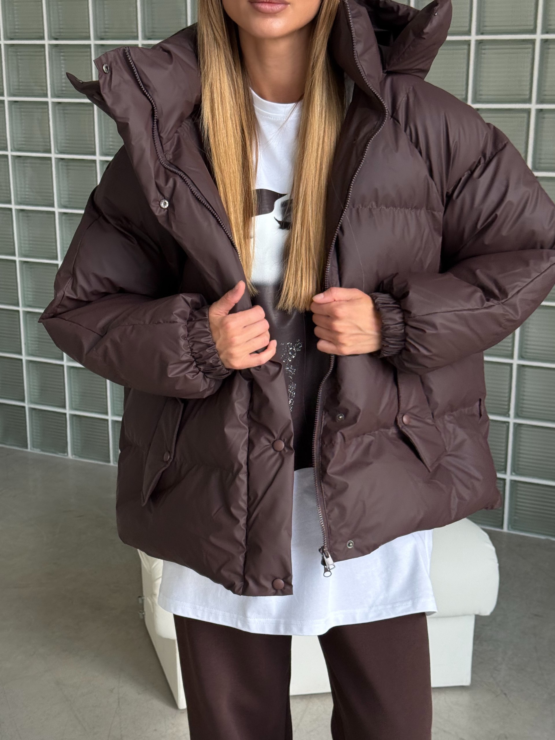 Oversize šokoladinė žieminė striukė IRISH